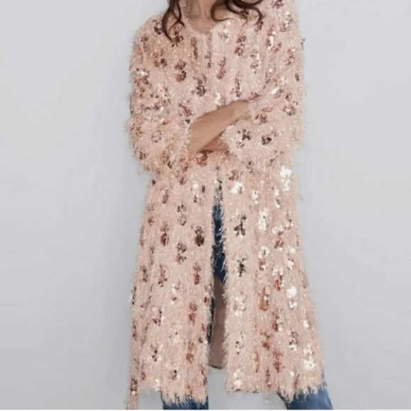 ZARA FRINGE SEQUIN ROBE KIMONO LONG JACKET COAT - Picture 5 of 8